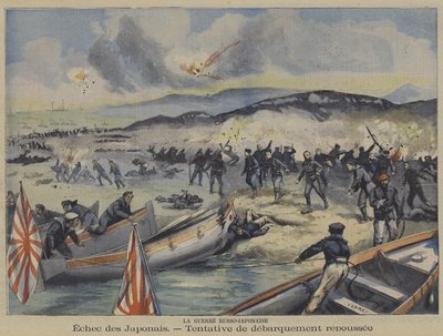 Den russisk-japanske krig: et forsøg på landing af japanske tropper afvises (farve litho) af French School