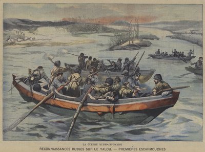Den russisk-japanske krig: første træfninger under russisk rekognoscering på Yalu-floden (farve litho) af French School