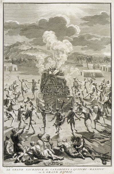 The Sacrifice to Quitchi-Manitou, eller The Great Spirit, af canadierne, illustration fra religiøse ceremonier og skikke, indgraveret af Bernard Picart (1673-1733) 1723 af French School