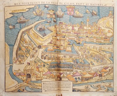 The Siege of Calais, 1558 (farvet træsnit) af French School