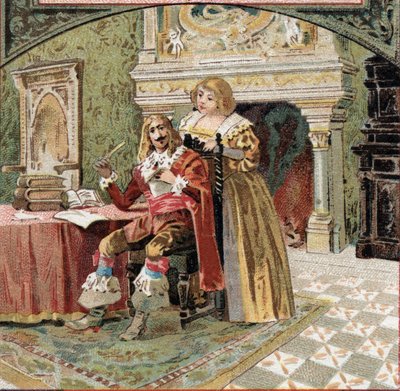 Sire of Beringhen og Madame du Fargis planlagde mod Richelieu (Armand Jean du Plessis, kardinal af Richelieu (1585-1642), minister for Ludvig XIII, på Chateau of Azay-le-Rideau (Azay le Rideau) (Indre-et- Loire). Kromolitografi af slutningen af det 19 af French School