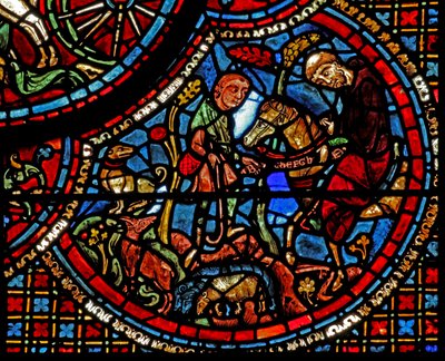 St Lubin-vinduet: hans uddannelse - en munk giver ham et bælte med et indskrevet alfabet (w45) af French School