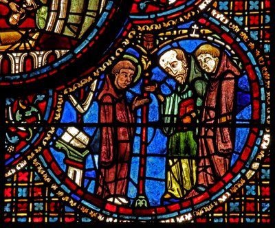 St Lubin-vinduet: hans meditationer bliver afbrudt af to munke (w45) af French School