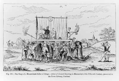 The Stage of a Mountebank Seller of Drugs, illustration fra videnskab og litteratur i middelalderen og renæssancen, skrevet og indgraveret af Paul Lacroix, 1878 af French School