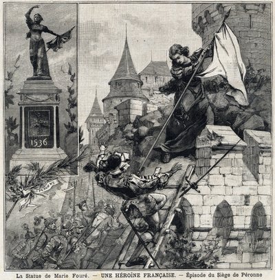 Statuen af Marie Foure (til venstre): Catherine de Poix, kendt som "Marie Foure" (1500-tallet), fransk heltinde, der forsvarede byen Peronne i 1536 under invasionen af Charles V