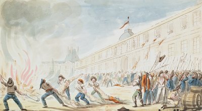 The Taking of the Tuileries, 10. august 1792 (farvegravering) af French School