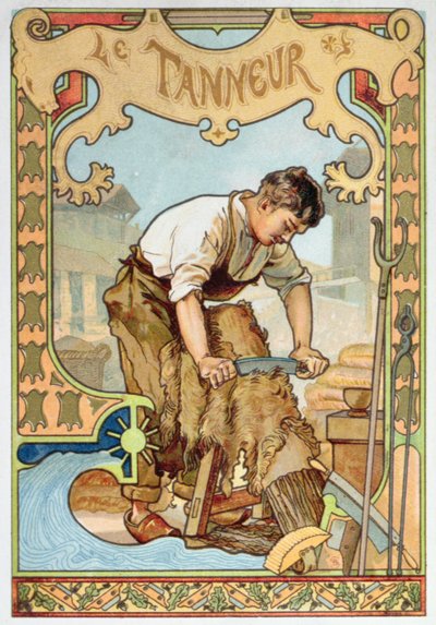 The Tanner, illustration fra en bog om kunsthåndværk, ca. 1899 (farve litho) af French School