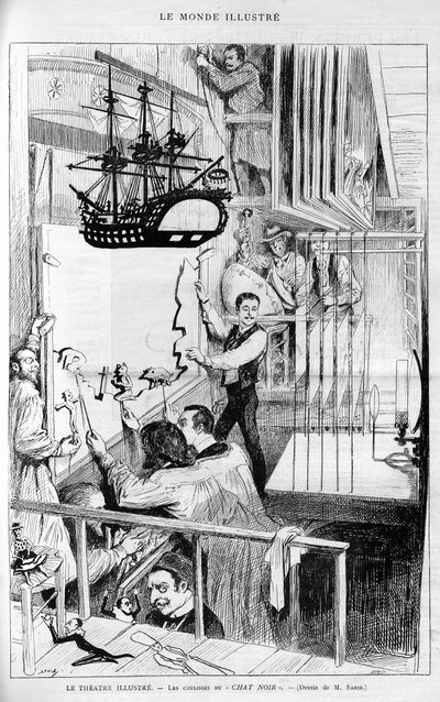 Teatret illustrerer: bag kulisserne i "Chat noir". Indgravering i "Le monde illustrious", "" 1888. af French School