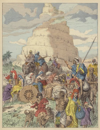 The Tower of Babel (farve litho) af French School