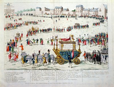 Oversættelsen af de dødelige rester af Voltaire (1694-1778) til Pantheon Paris den 10. juli 1791 (wc på papir) af French School
