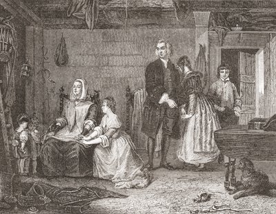 Præsten fra Wakefield forsoner sin kone med Olivia efter maleriet af Gilbert Stuart Newton. Fra Histoire des Peintres, École Anglaise, udgivet 1867 (litho) af French School