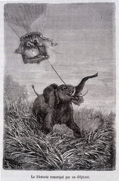 Victoria trukket af en elefant - i "Fem uger i ballon", roman af Jules Verne af French School