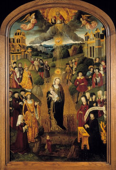 Jomfruen med hvede Kong Ludvig XII (1462-1515) og pave Alexander VI (1431-1503) er til stede. Den almægtige Gud, der holder Globen, velsignede scenen, mens Helligånden beskyttede Jomfruen og Barnet. Maleri på træ fra den franske skole fra det 16. årh af French School