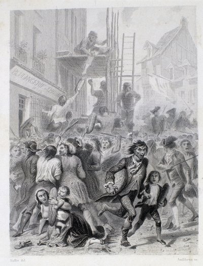 Melkrigen: oprør foran et bageri i maj 1775 (de første frugter af den franske revolution) af French School