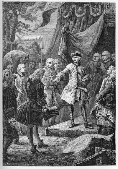 Den østrigske arvefølgekrig (1740-1748) - Ambassadører fra de Forenede provinser præsenterer sig selv for Ludvig XV i 1747 - Den østrigske arvefølgekrig (1740-48) - Ludvig XV, konge af Frankrig og Hollands ambassadør - gravering fra "" af French School