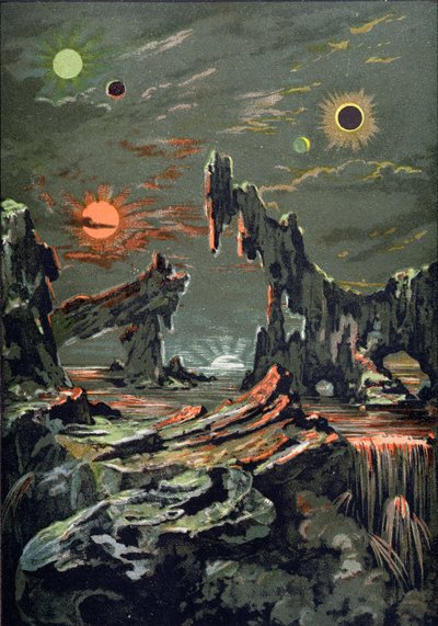 The World of Four Moons and Four Suns, illustration fra Astronomie Populaire skrevet af Camille Flammarion (1842-1925) 1881 af French School