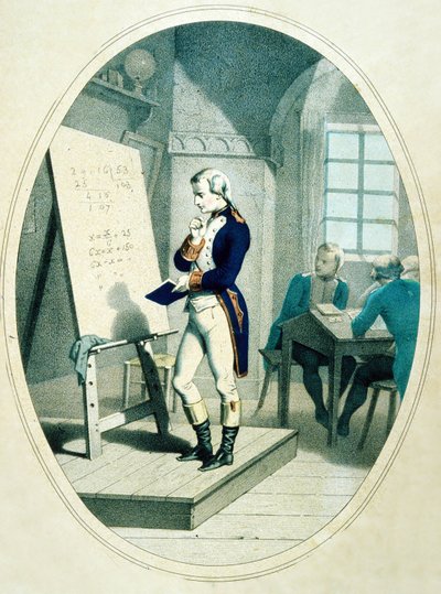 Den unge Napoleon, ved Militærakademiet i Brienne, Frankrig, 1779 (farvet indgravering) af French School