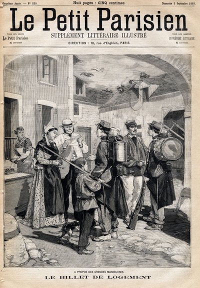 Indkvarteringsbilletten, der giver ret til en seng og et stearinlys, uddeles til soldaterne efter deres øvelser og store manøvrer. En af avisen "Le petit Parisien"" den 3/09/1893 (gravering) af French School