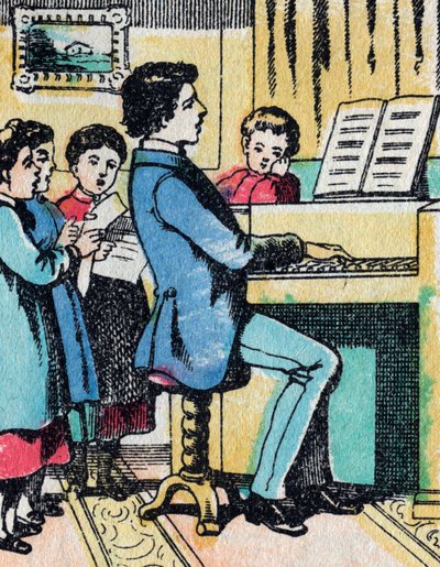 Aktiviteterne for piger fra gode familier: læring af musik - Epinalt billede - 1800-tallet (gravering) af French School