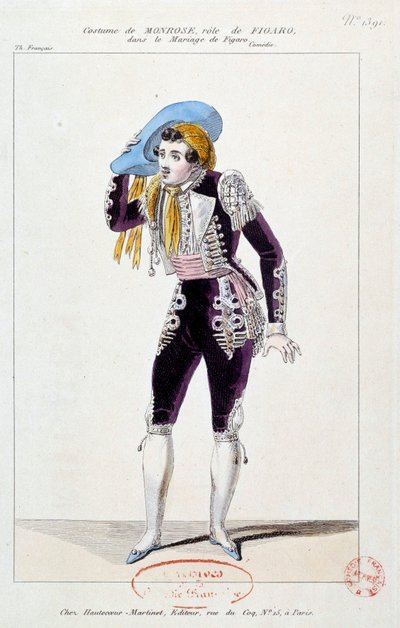 Skuespilleren Claude Louis Seraphin Barizain (eller Barisain) dit Monrose (1783-1843) i rollen som Figaro i Le mariage de Figaro”” af Pierre Augustin Caron de Beaumarchais (1732-1799) 1784 Paris, Comedie francaise af French School
