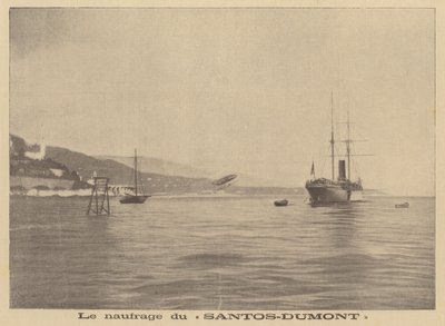 Alberto Santos-Dumonts luftskib styrter ned i Middelhavet (litografi) af French School