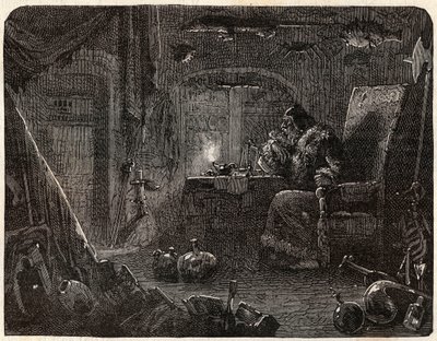 Alkymisten, der har lovet at lave guld, arbejder i sit laboratorium: Alkymisten i det 17. århundrede - i "Paris a travers les cules"" af Nicolas Jules Henri Gourdon de Kennouillac (1826-1898) af French School