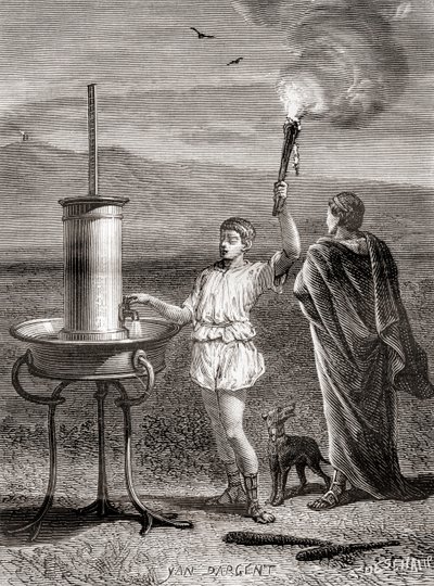 Det antikke græske hydrauliske semaforsystem, der blev brugt af Aeneas til at sende en besked, 4. århundrede f.Kr., fra Les Merveilles de la Science, udgivet ca. 1870 (gravering) af French School