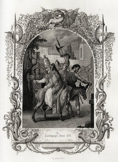 Modpaven Johannes XVI (997 til 998). Gravering til illustration af Histoire des popes af Maurice Lachatre (1814-1900), Librairie du Progres, Paris. af French School