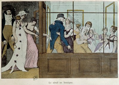 Aftalebutikken: serailen i butikken Et bordelhus ved Palais Royal i Paris. Litografi fra begyndelsen af det 18. århundrede Paris, dekorativ kunst af French School