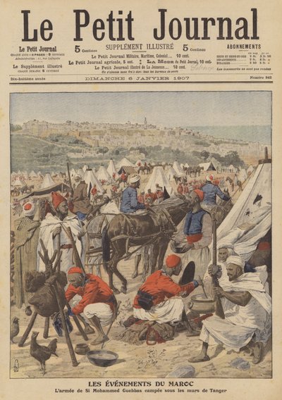 Mohammed Guebbas hær slog lejr under murene i Tanger, Marokko (farve litho) af French School
