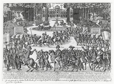 Ankomsten af Mehmed Celebi Efendi, ambassadør for Sultan Ahmed III af Tyrkiet, til Tuilerierne for at blive modtaget af Ludvig XV i 1721 (gravering) af French School