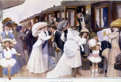 Ankomsten af "" Train of Husbands", afb. 20. århundrede. af French School