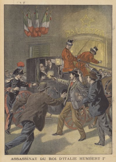 Mordet på kong Umberto I af Italien (farve litho) af French School