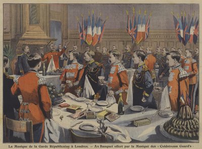 Bandet fra den franske republikanske garde deltager i en banket arrangeret af bandet fra Coldstream Guards i London (farve litho) af French School