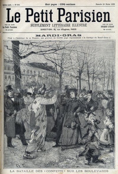 Slaget om konfetti på den parisiske boulevard under Mardi Gras (Mardi-Gras). Gravering i "Le petit Parisien"" af French School