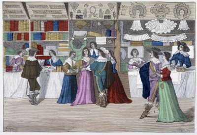 Butikkerne i galleriet i retsbygningen under Ludvig XIII - i "Paris gennem århundrederne"" af French School