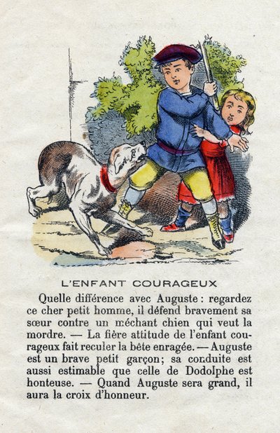 Det modige barn. Et barn forsvarer sin søster mod en hund. Alfabet til små drenge. Abecedary har moralsk værdi indeholdende læseøvelser. Epinal billeddannelse sidst i det 19. århundrede af French School