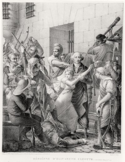 Elisabeth Cazottes tapperhed, der beskytter sin far mod pøbelen (gravering) af French School