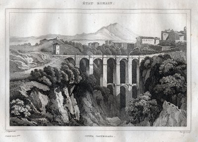 Broen har dobbelte arkader - CIVITA CASTELLANA - Provinsen Viterbo - Italien - Indgravering fra "" Italy Picturesque" - Historisk og beskrivende maleri af Italien"" af M. de Norvins, Ch. Nodier 1834-1836. af French School