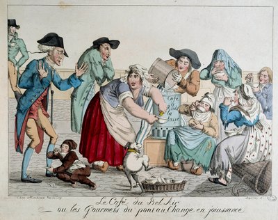 Caféen du Bel Air eller gourmeterne i Pont au Change nyder pariserne uden penge at drikke kaffe har koppen for en adeligs skræmte øjne. Anonymt 1700-tals tryk. Paris, Musée Carnavalet af French School