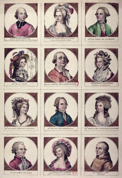 Hovedpersonerne involveret i Affæren om Collier de la Reine 17856 af French School