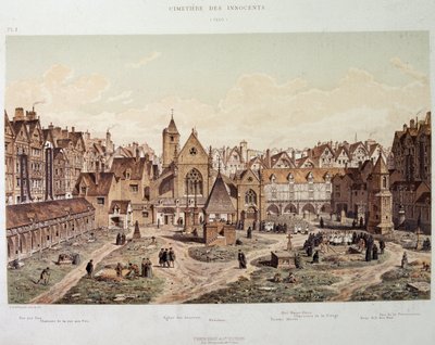 De uskyldiges kirke og kirkegård i 1550 - i "Paris a travers les ages", slutningen af det 19. århundrede. af French School