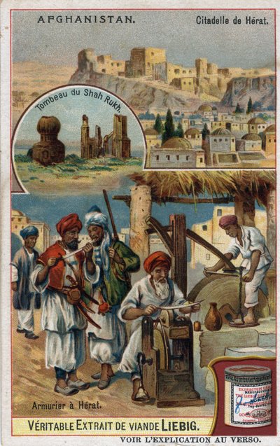 Byen og rustningsmændene i byen Herat i Afghanistan og Shah Rukhs grav. Kromolitografi af det 19. århundrede. af French School