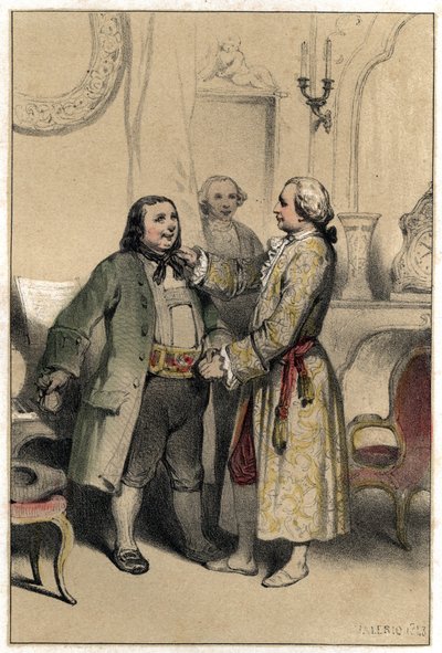 Komponisten Joseph Haydn modtog en mand, der kom for at bede ham om at komponere en menuet til hans datters bryllup. Plade taget fra "" Scenes de la vie des hommes famous""" gravering i to nuancer af Valerio. 1843. af French School