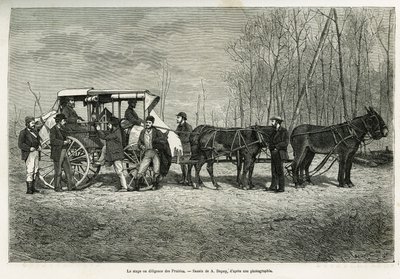 Kurset eller flid på præriernes hest, tegning af A.Dupuis, for at illustrere historien om en udflugt til Canada og den nordlige røde flod, i 1873, af H. de Lamotte. Indgravering i Le tour du monde af French School