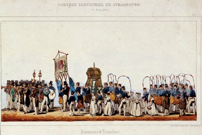 Bryggernes og bødkernes dans under industrikortege i Strasbourg den 25/06/1840. Litografi af Simon af French School