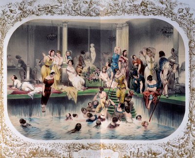 Kvindernes svømmedag i en parisisk svømmehal, ca. 1900 (tryk) af French School