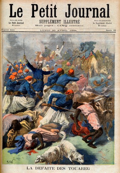 Tuaregernes nederlag. Franske kolonitropper under kommando af oberstløjtnant Joseph Joffre (1852-1931) - Touaregernes nederlag. Illustration til Le Petit Journal, 30. april 1894 (gravering) af French School
