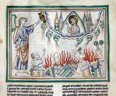 Ødelæggelsen af Babylon Miniature taget fra "The Apocalypse of Cambrai"" oplyst af den franske skole i det 13. århundrede. Fru 422. Kommunebibliotek, Cambrai af French School