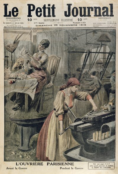 De forskellige typer arbejde for parisiske kvinder før og under 1. Verdenskrig, forsideillustration af Le Petit Journal, 26. november, 1916 af French School